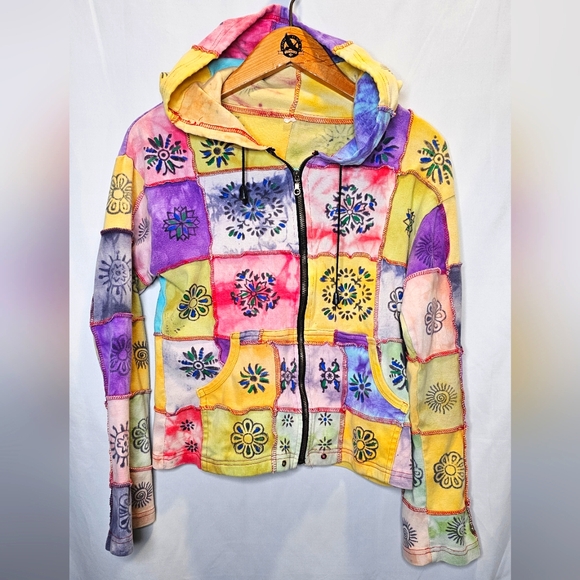 Rising International Sweaters - Vintage Rising International Patchwork Hippie Yoga Boho Hoodie Sweatshirt